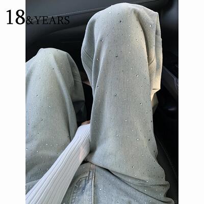 满天星带烫钻阔腿牛仔裤