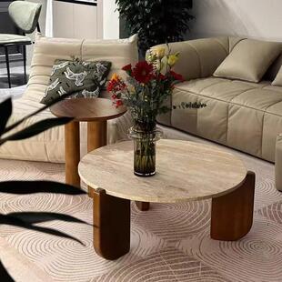 侘寂风实木洞石茶几极简小茶台小户型客厅家用圆形阳台大理石矮桌