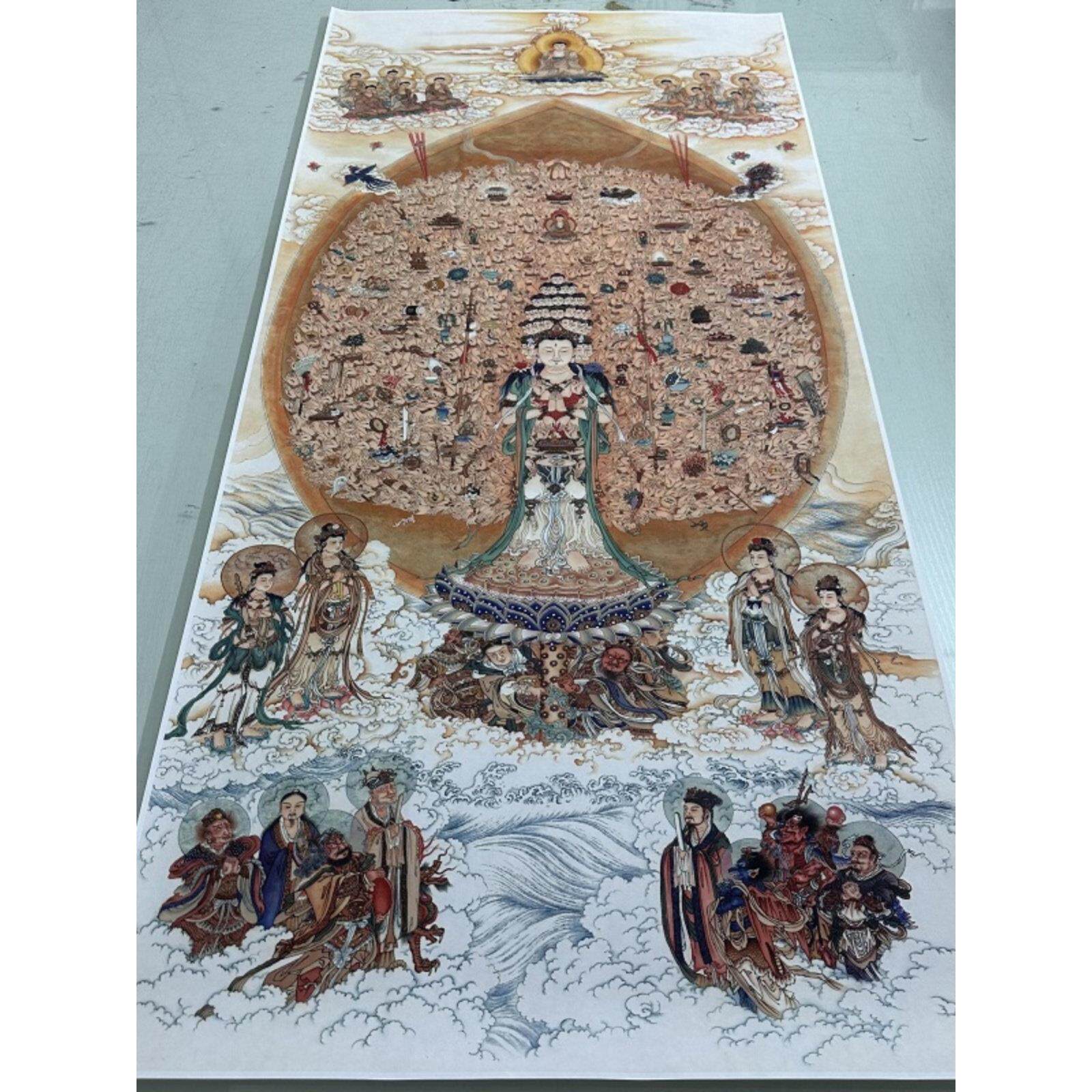 现代佛像千手千眼观音菩萨图覆古字画正宗琉璃彷古画框挂卷装饰