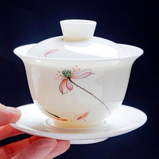 悬停手绘大号三才盖碗羊脂玉德化白瓷单个泡茶碗陶瓷功夫茶具茶杯