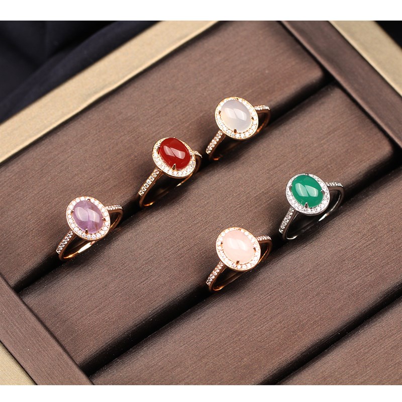 高贵椭圆玉髓人造宝石碧玉戒指女C冰种菠菜绿红玛瑙食指指环日韩