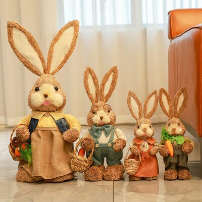 北欧田园草编兔子客厅落地摆件花园阳台创意装饰可爱动物家居饰品
