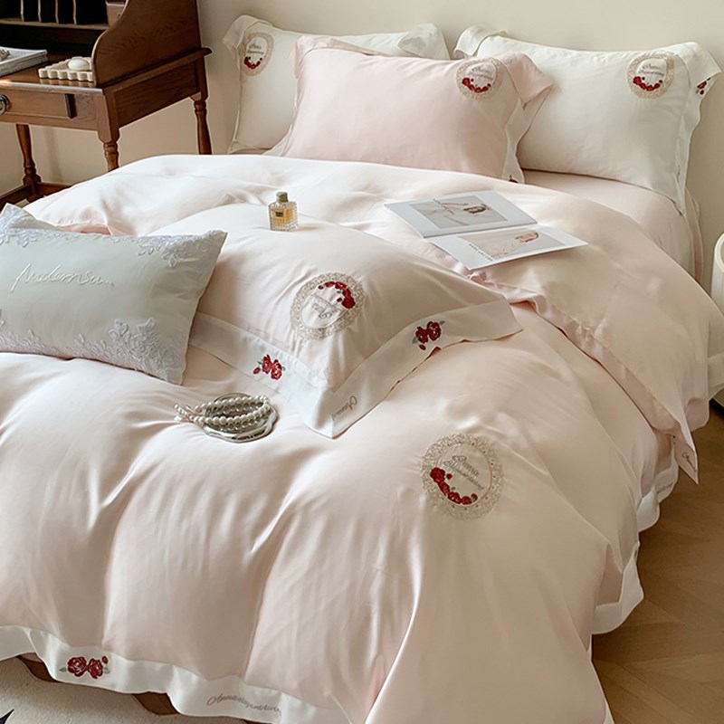 轻奢高端进d口140支兰精天丝四件套夏季凉感玫瑰刺绣被套裸睡床品