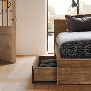 实木床北欧简约高箱床橡木黑胡桃木储物床抽屉床卧室房间家具定制