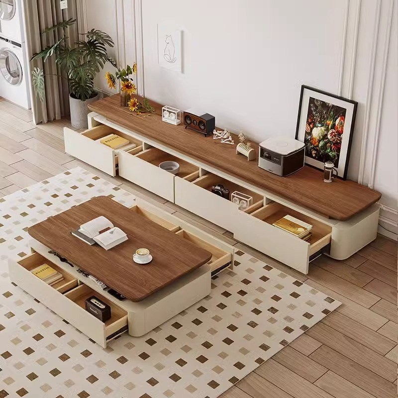 简约迷你茶几胡桃木色电视柜岩板A组合中古风客厅松木环保高级质