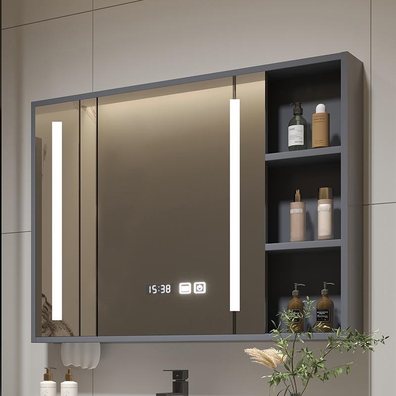 智能浴室镜柜单独挂墙式带灯除雾卫生间梳妆镜子简约实.木带置物