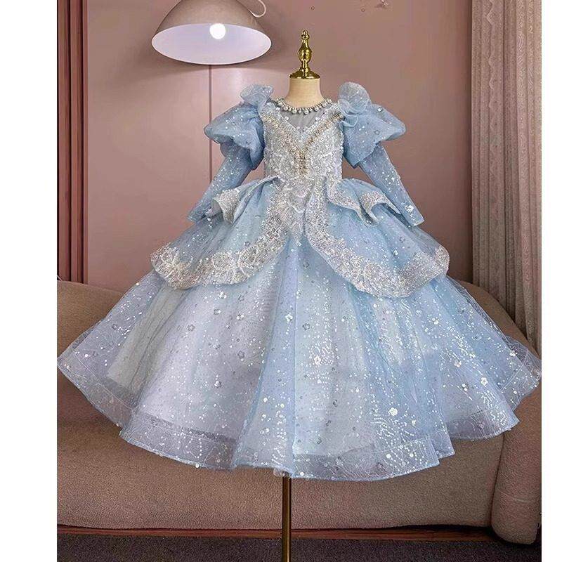 蓝色女童礼服轻奢小众高端女孩少儿主持人艾莎公主裙生日钢琴演奏