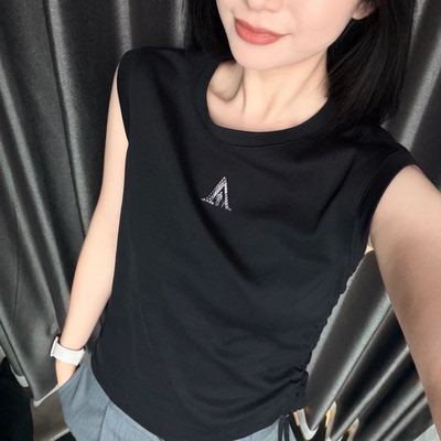 AMS阿玛施夏季黑色烫钻棉T