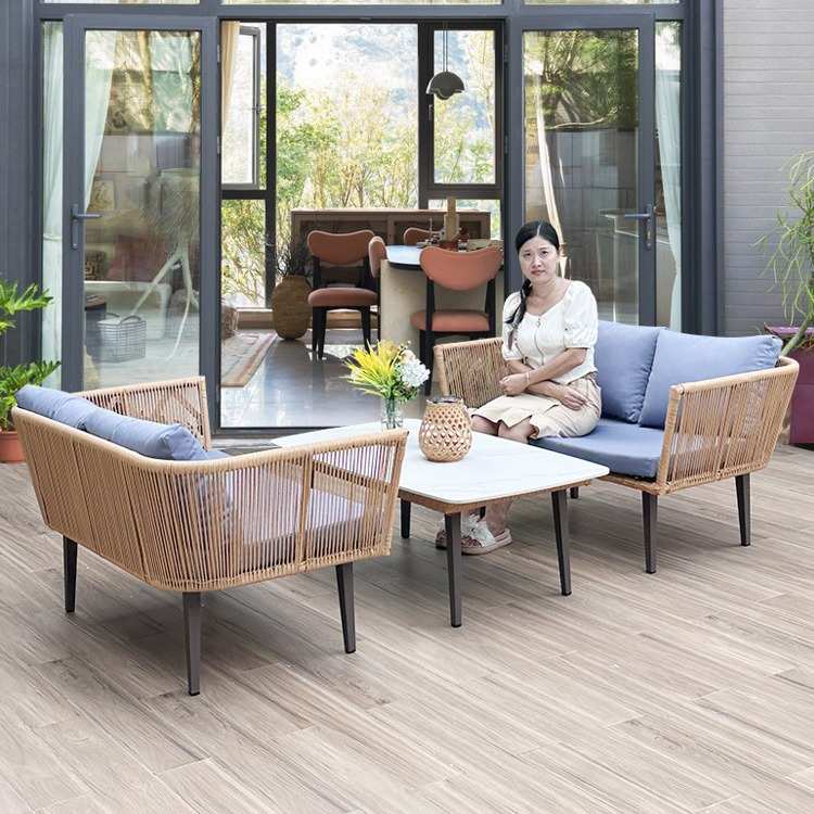 户外室外藤编双人沙发大理石茶几组合防晒公园别墅露台阳光房家具