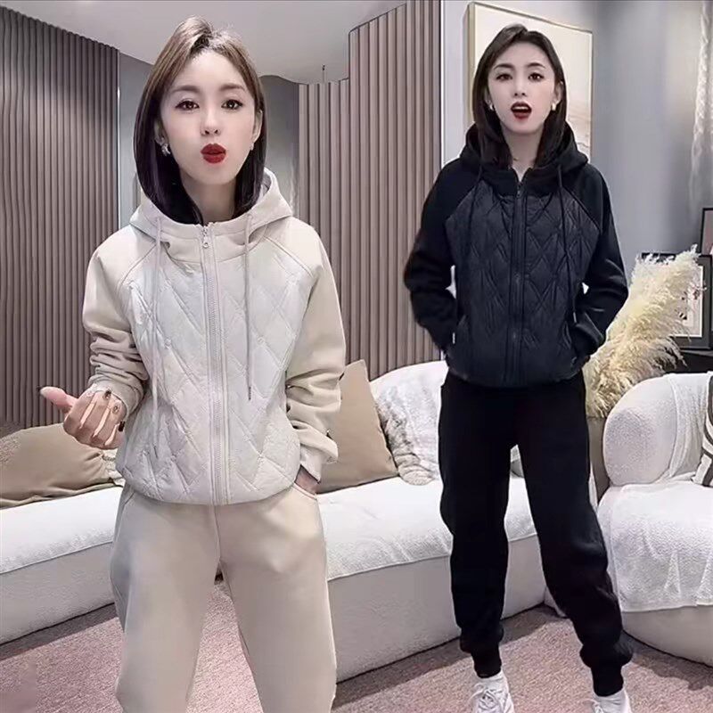 时尚休闲夹棉加厚运动服套装女冬季新款连帽卫衣束脚卫裤两件套潮