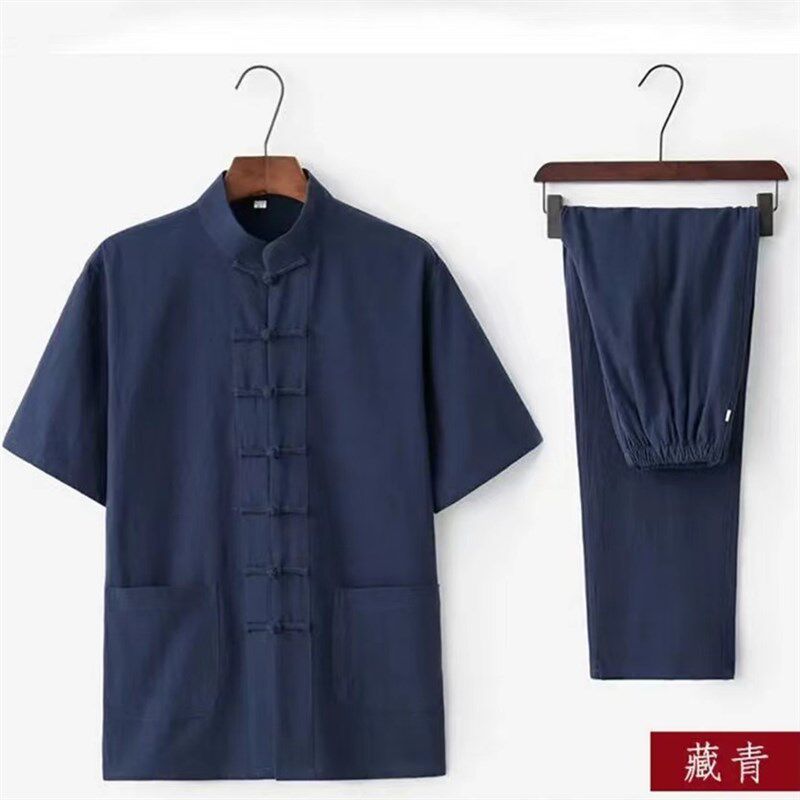 中国风男士上衣短袖+长裤棉麻套装男装古风唐装夏季款茶服太极服