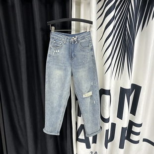 欧货高腰宽松显瘦老爹哈伦裤 浅蓝色破洞烫钻牛仔裤 女2025春夏新款