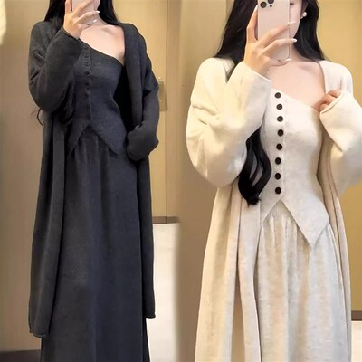 秋冬高级感气质中长款针织开衫外套+斜肩排扣抹胸+半身裙三件套女