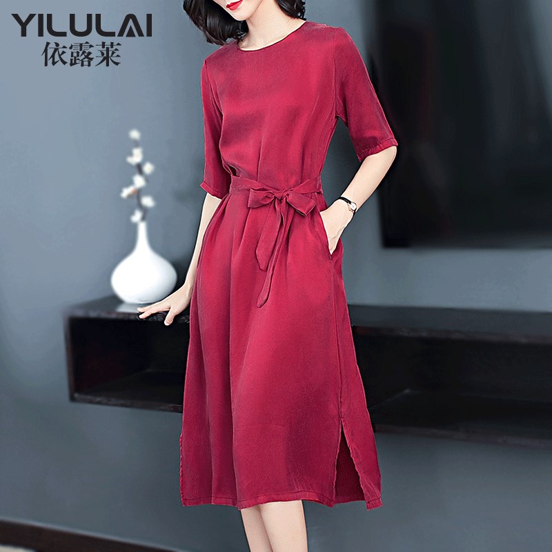 玫红色高端真丝铜氨丝连衣裙女大码短袖系带收腰显瘦中长裙子夏季