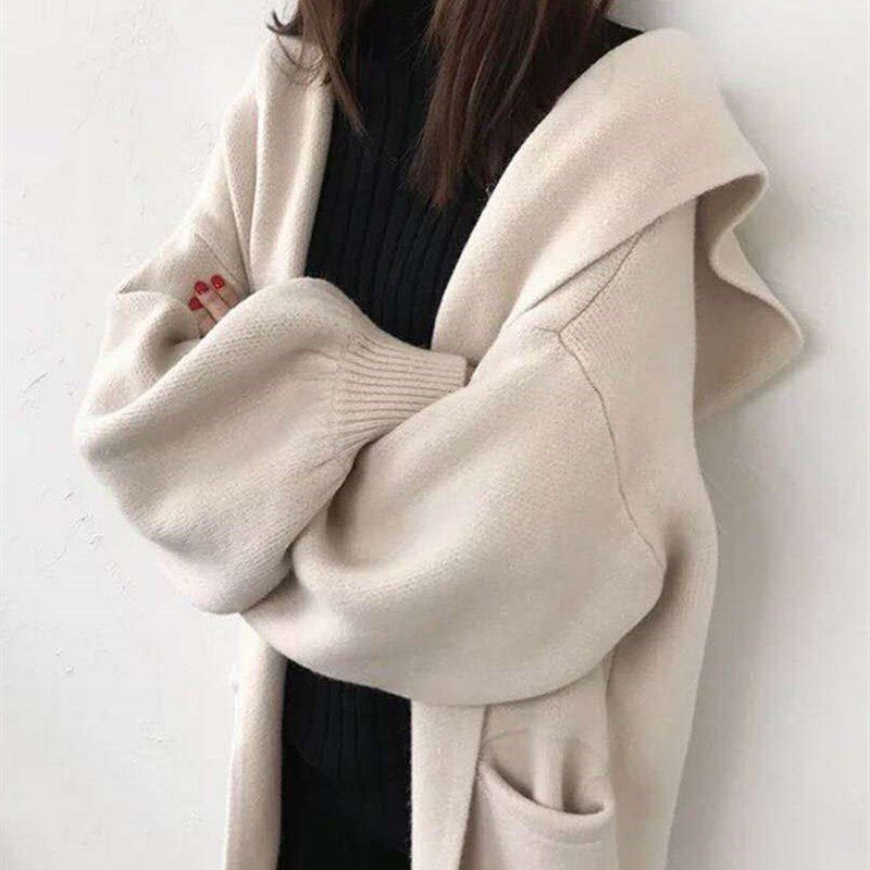长版连帽针织开衫毛衣套过膝外女毛针织衫