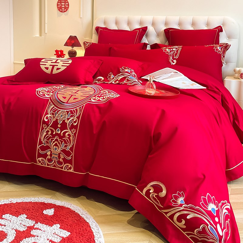中式龙凤刺绣结婚四件套大红色床单被套纯棉婚庆床上用品婚房喜被