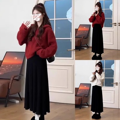 红色连帽卫衣针织连衣裙子女秋冬季2024新款高级感小个子香风套装