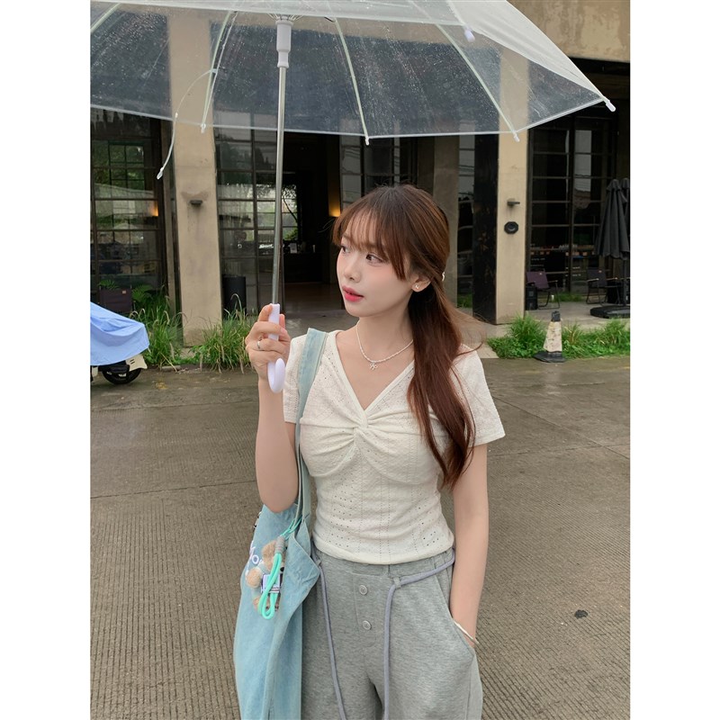 切糕自制小个子夏季短款百搭上衣女气质白色轻薄收腰短袖显瘦独特