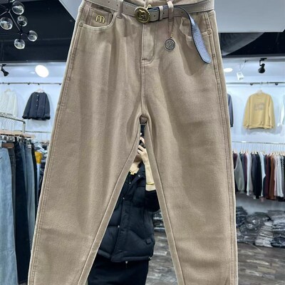 17476高弹力全棉高腰拉链纽扣休闲裤加绒加厚宽松小脚哈伦长裤子