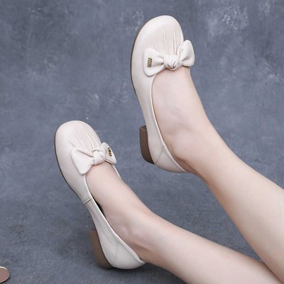 真皮羊皮浅口单鞋女低跟一脚蹬单鞋中年夏季皮鞋软底不累脚妈妈鞋