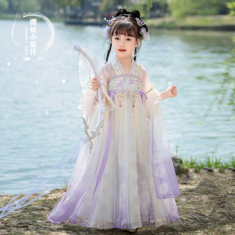 女童唐装汉服2025新款小女孩古风仙气薄款公主连衣裙紫色襦裙日常