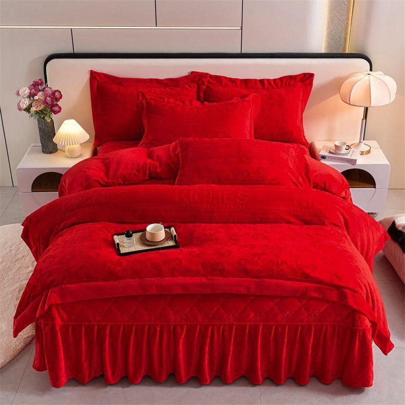 红色婚床四件套结婚高级感雕花牛奶绒带花边加厚夹棉床盖2024新款,床上用品,婚庆床品套件,淘宝优惠券,粉丝福利购,淘宝优惠卷