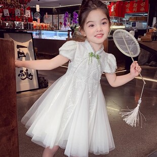 女童新中式短袖连衣裙夏装2025新款法式泡泡袖小女孩网纱公主裙子