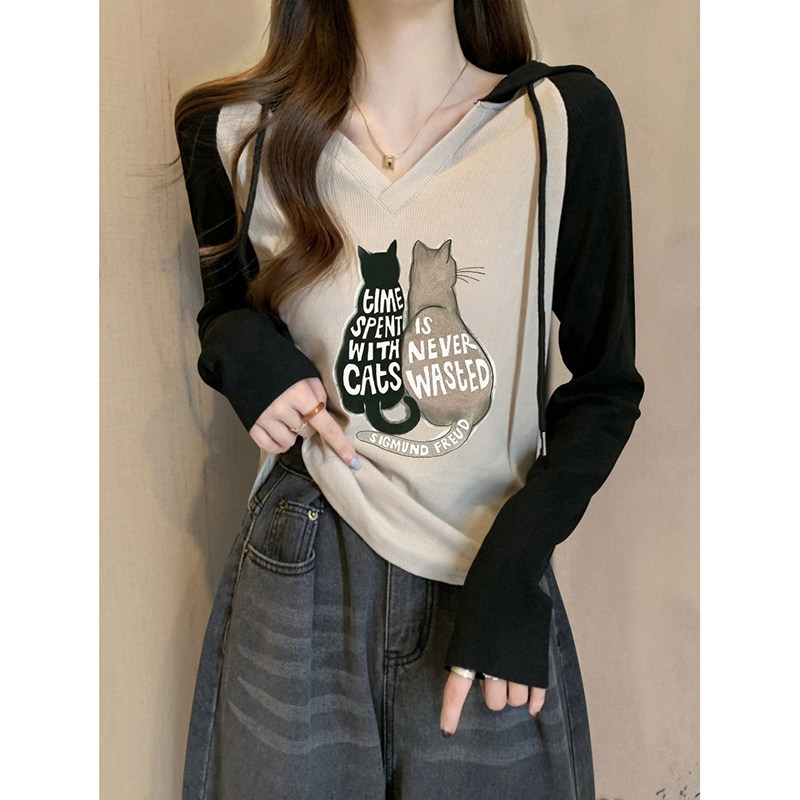 长袖t恤插肩修身正肩打底衫女内搭美拉德穿搭辣妹连帽v领短款上衣