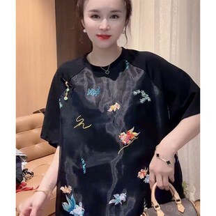 百搭休闲短袖 大码 300斤夏季 T恤欧货胖mm2 上衣 宽松显瘦拼接中长款