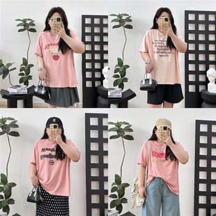 上衣百搭休闲 胖MM粉色T恤合集夏甜美宽松显瘦短袖 宛宛大尺码 女装