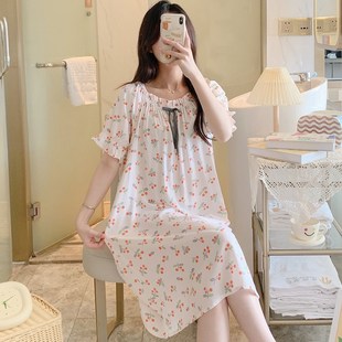 女生绵绸人造棉连衣裙睡衣2024新款 夏季 可爱少女棉绸睡裙女款 夏款