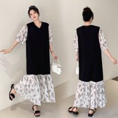 胖mm复古拼接V领裙子夏季 设计感宽松遮肉显瘦连衣裙 女装 新款 大码