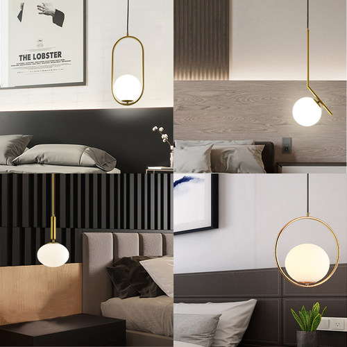 牀头吊灯网红长线灯现代简约轻奢北欧创意全铜极简卧室小吊灯玻璃