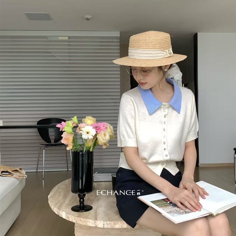 法式新款时尚拼色衬衫领短袖排扣针织T恤上衣学院风精致甜美小衫