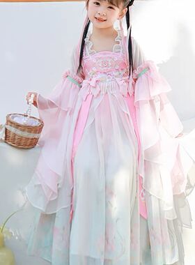 仙襦裙女童纱裙2024飘带汉服公主风连衣裙万针刺绣粉色蓝色印花