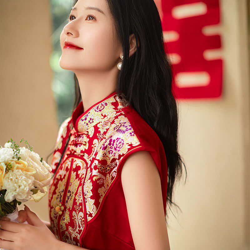 苏爱金枝叶 新娘结婚订婚旗袍敬酒服高端宴会礼服复古显白连衣裙