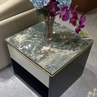 简约现代岩板角几轻奢沙发边柜北欧边几实木抽屉方几大.理石小茶