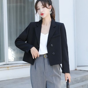 设计感小众职业短款 外套女2021春秋新款 上衣 西装 小个子黑色长袖