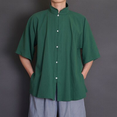 青山渐明制竖领对襟半臂短衫立领衫夏季日常汉服纯棉素色国风短袖