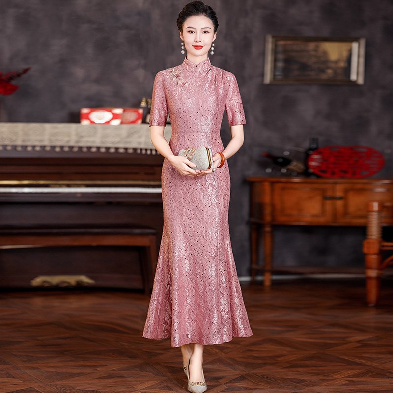 喜婆婆婚宴装2024新款改良旗袍鱼尾裙婚礼妈妈礼服高贵五月份服装