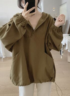 连帽外套女式春秋新款套头宽松大码显瘦韩版减龄长袖复古棉质上衣