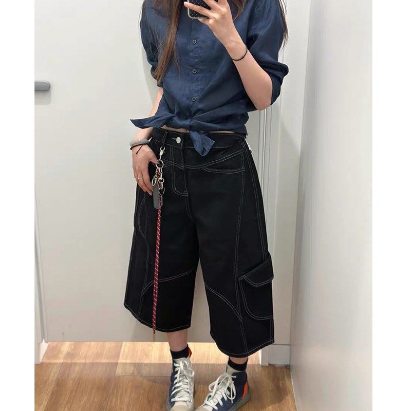 美式高腰解构明线工装牛仔中裤大码女夏季2025新款直筒阔腿七分裤