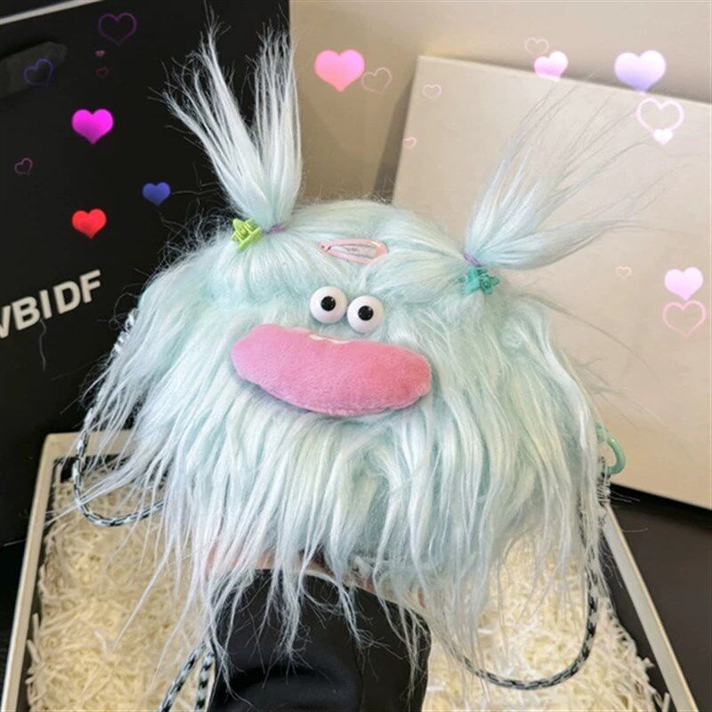 潮酷长毛辫子公仔娃娃包丑萌可爱玩偶毛绒斜挎小包女生日节日礼物