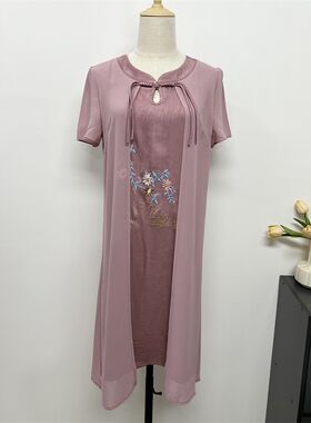 中年妈妈夏装气质连衣裙婆婆中老年女装结婚礼服旗袍裙子假两件套