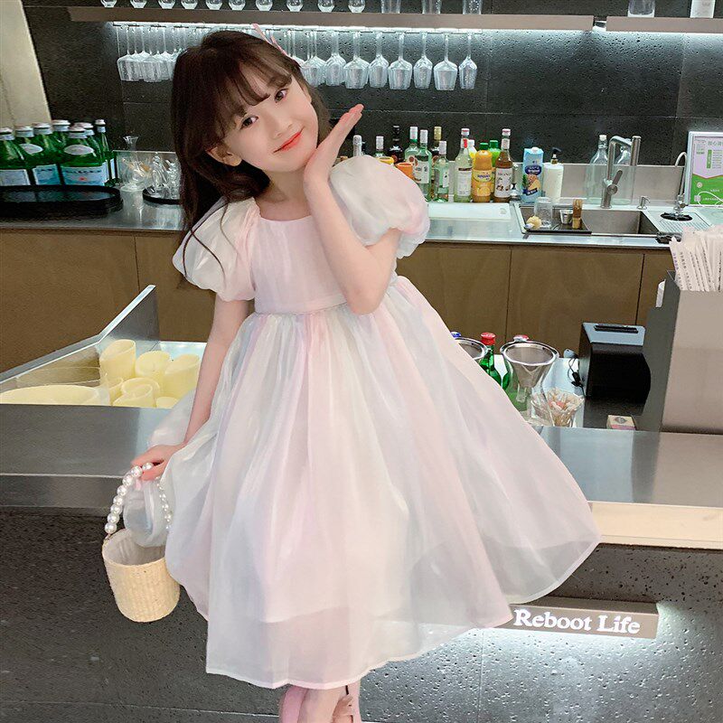 女童短袖连衣裙2024夏装新款韩版洋气儿童宝宝夏季流光彩色公主裙