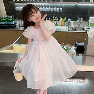 女童短袖连衣裙2024夏装新款韩版洋气儿童宝宝夏季流光彩色公主裙