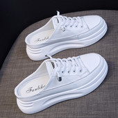 真皮小白鞋 女2022年新款 一脚蹬懒人鞋 夏季 厚底包头拖X鞋 外穿半拖