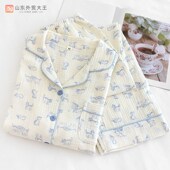 蓝色猫咪睡衣女纯棉纱布春秋夏季 可外穿 全棉家居服套装 D长袖 薄款