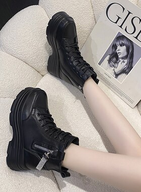 内增高马丁靴女202p2秋冬新款厚底短靴英伦风黑色机车靴韩版瘦瘦