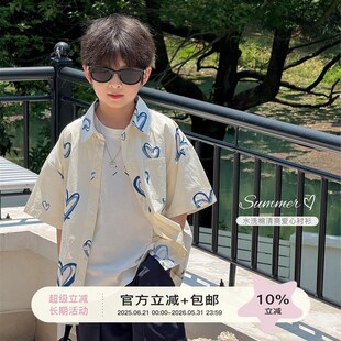 男孩白色上衣卡通儿童衬衫 虾酱麻麻男童短袖 2025新款 夏装 外套 衬衫